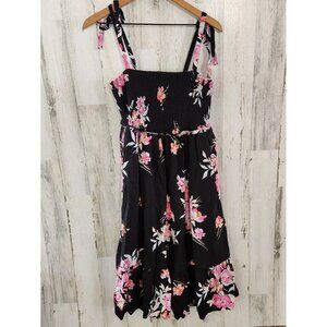 Torrid Midi Dress Black Floral Challis Smocked Tie Straps Size 0